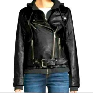 Bagatelle Faux Leather Moto Jacket With hooded sweatshirt Attached Sz L